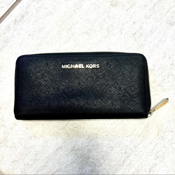 MICHAEL KORS Jet Set Travel Large Crossgrain Leather Wallet black womens - Picture 2 of 10